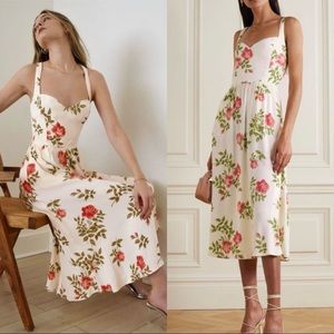 Reformation Floral Midi Dress in Cream with Pink & Green Rose Print